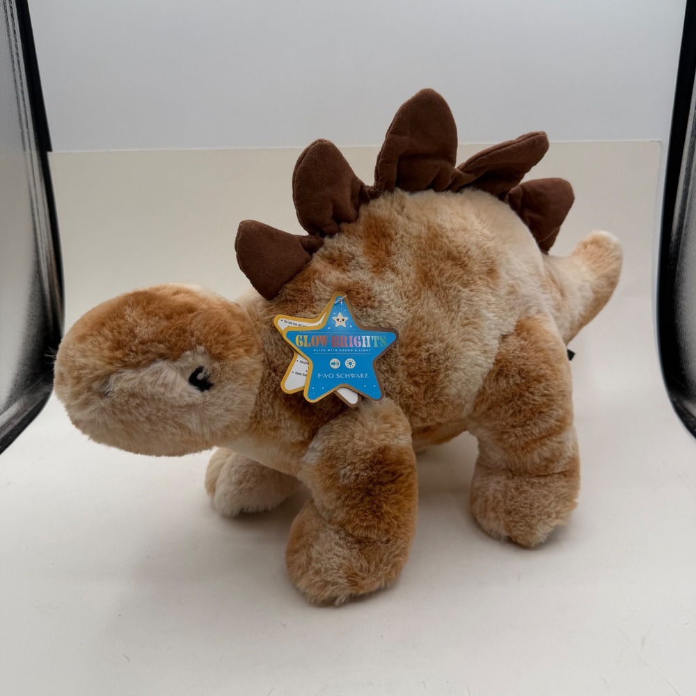 FAO Schwarz Glow Brights Stegosaurus Dinosaur Plush Sound Light Brown Tan 14"